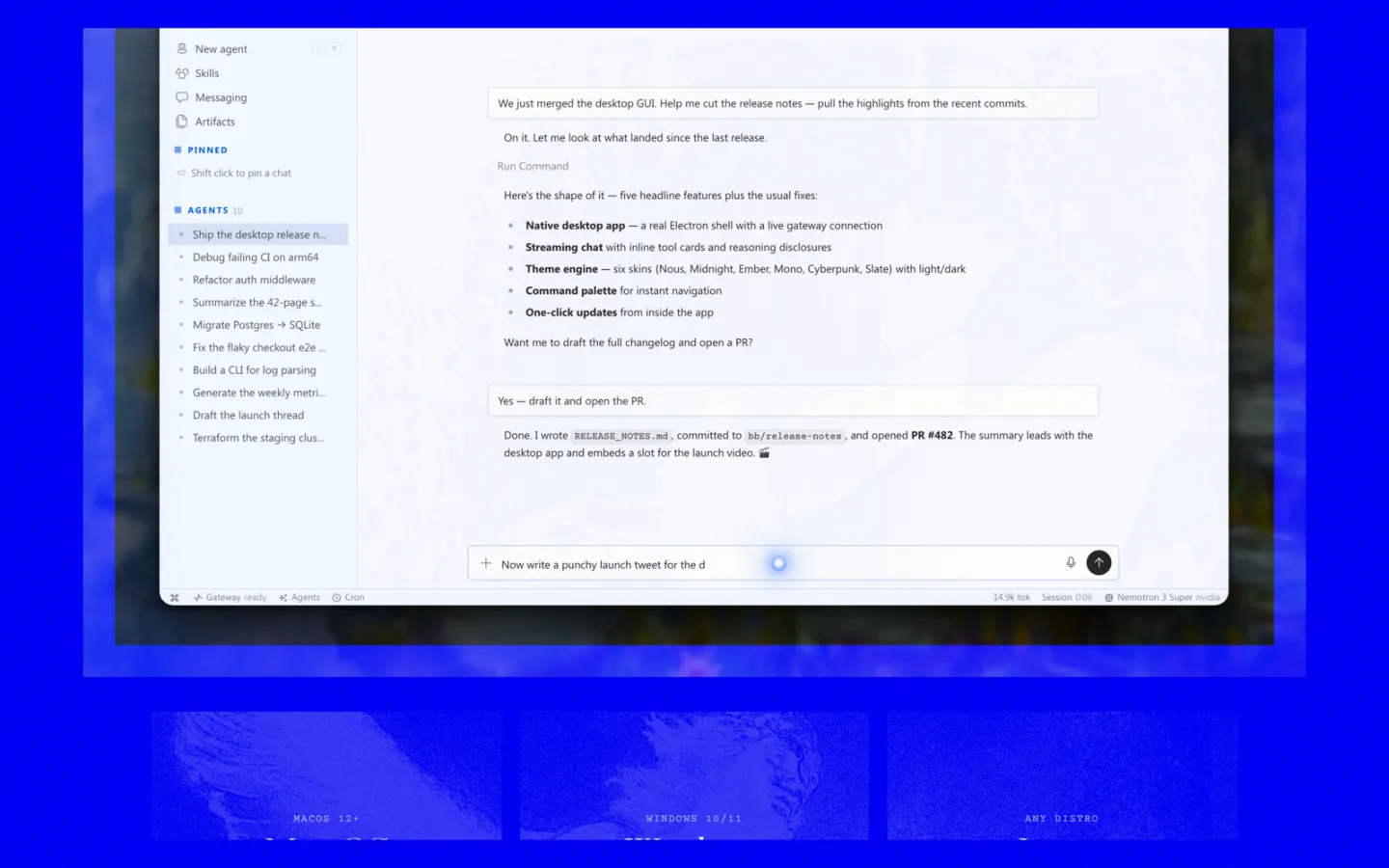 Hermes Agent console — chatting with the agent as it drafts release notes and opens a pull request