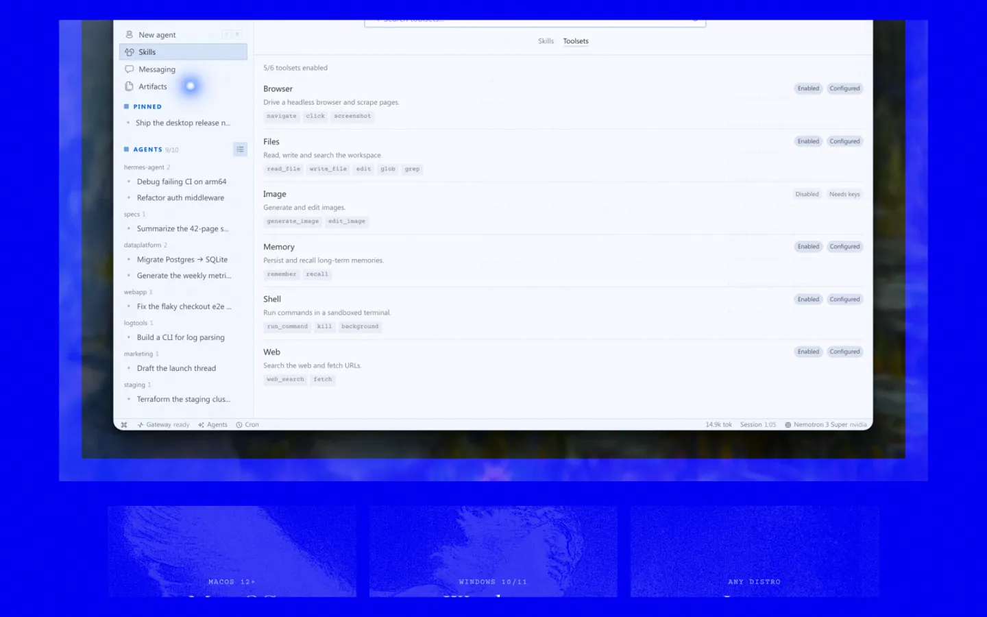 Hermes Agent console — skills and toolsets panel (browser, files, image, memory, shell, web)