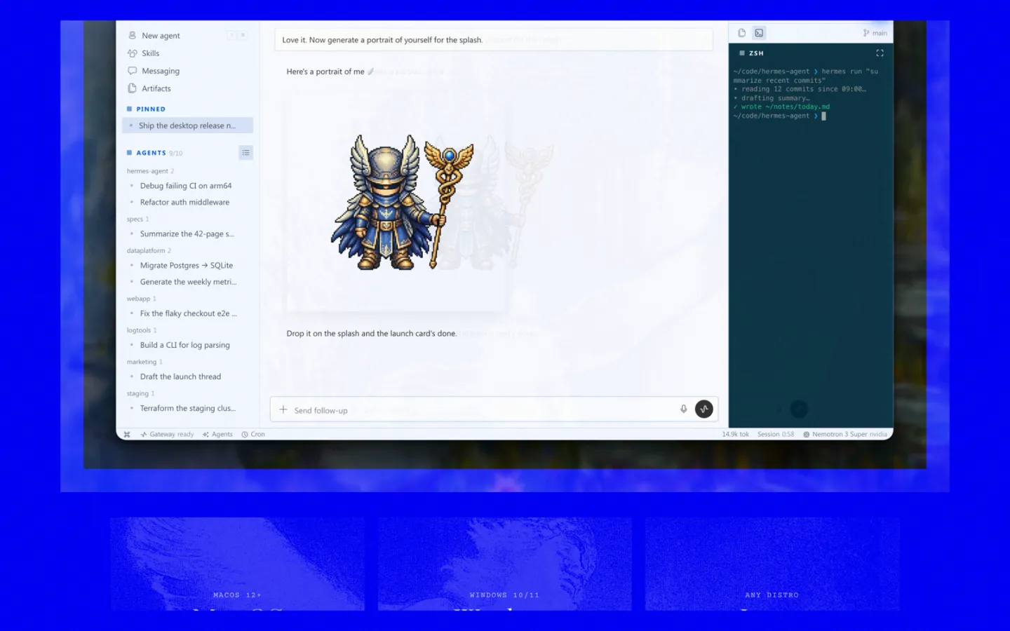 Hermes Agent console with an integrated terminal running hermes commands and showing output
