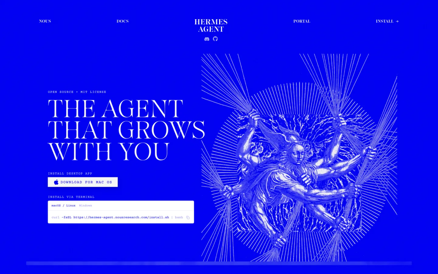 Hermes Agent landing page — "the agent that grows with you"
